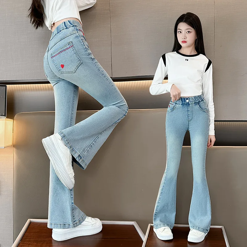 Fashion Bootcut Jeans for Girls with Heart Pocket Kids Vintage Tight Denim Flare Pants Spring Autumn Teen Child Slim Trousers