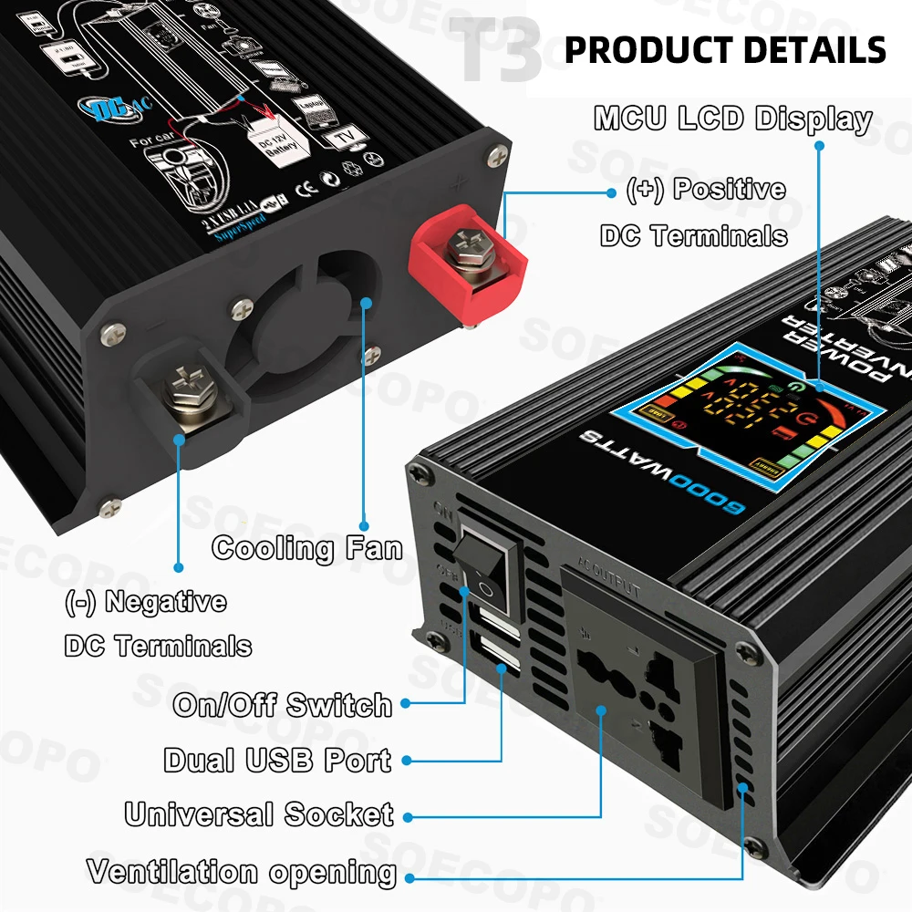 SOECOPO Juego de sistema solar de 6000 W Inversor de paneles fotovoltaicos de 2 × 600 W (enchufe universal) Controlador 100 A para camping en casa/RV