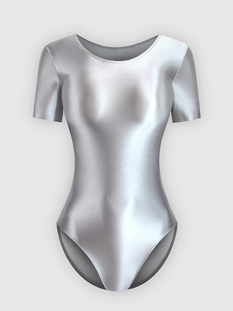 Women Short Sleeve Tight Glossy Dance High Cut Bodysuit Yoga Solid Shaped Practice Rhythmic Gymnastic Leotard Swimsuit Dancewear