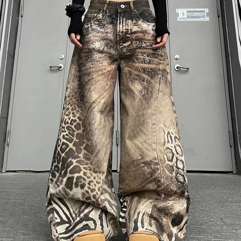 

Retro 3D Printing Animal Leopard Print Knife Jeans Loose Unisex High Street Fashion Personality Full Length Wide Leg Pants