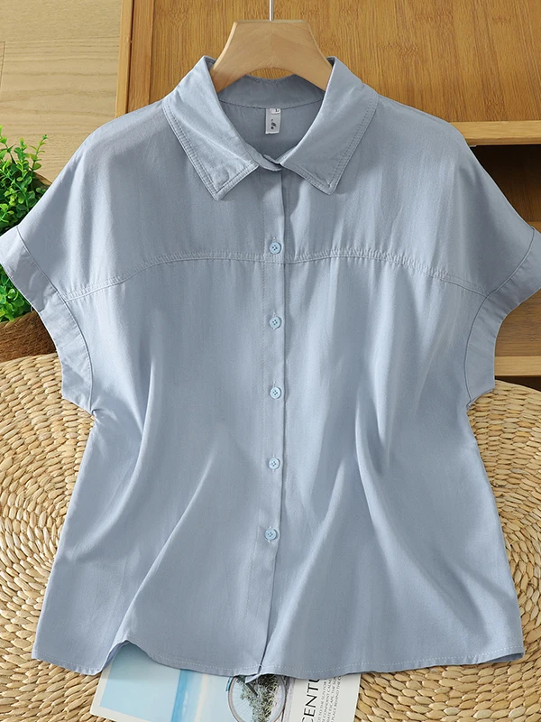 Artistic Style Blue Cotton Linen Shirt Women's Summer Slimming Casual Lightweight Cool Short Sleeve Casual Shirt