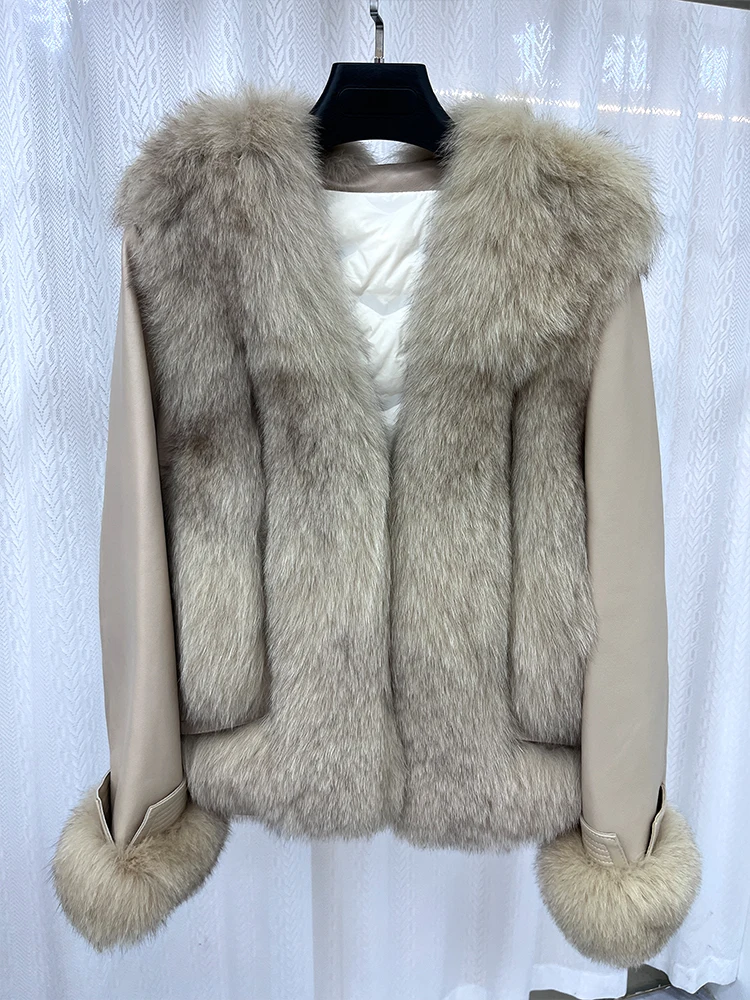 2024 New Fashion Natural Real Fox Fur Coat Women\'s Goose Down Jacket Genuine Sheepskin Leather Jacket Warm Luxury Female Coats