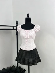 2026 Summer Beach Fairy Vacation 2000s Rave Outfits Women Elegant 2 Piece Set Gyaru Coquette Lace Halter Tops + Y2k Mini Skirt