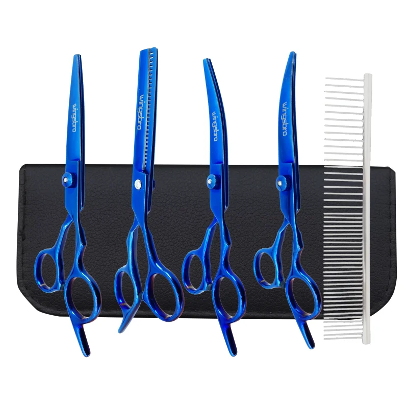 

6.5"Blue Professional Dog Grooming Scissors Set Straight Scissor Curved Thinning Shear Curved Scissor Curved Chunkers Shear