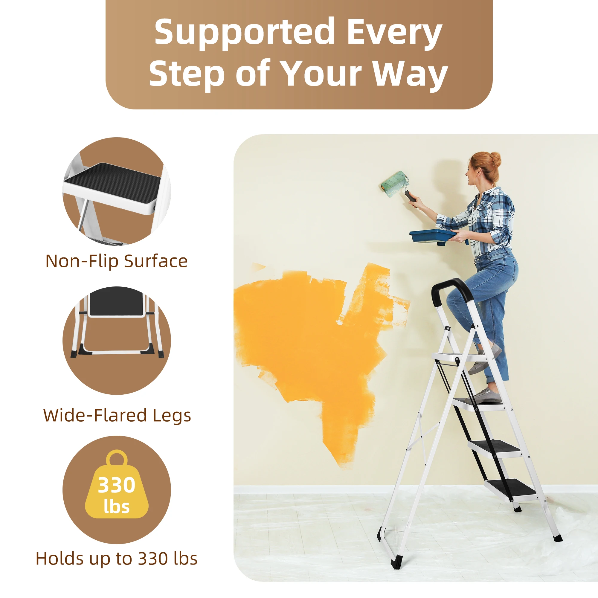 سلم Deli ذو 4 خطوات قابل للطي، مقعد محمول خفيف الوزن مع قبضة يد، سعة 330 رطل للخزانة والمطبخ والمكتب والمنزل