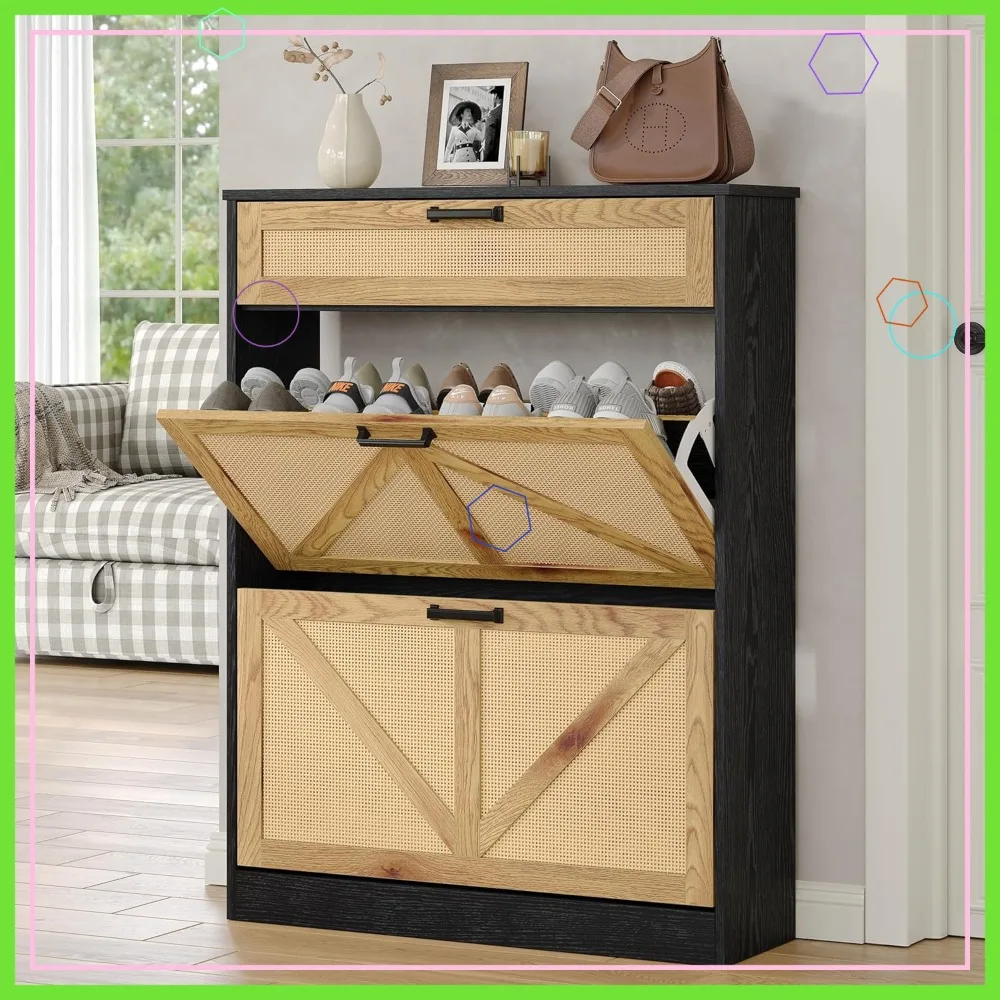 خزانة أحذية خشبية للمزرعة مع أدراج من الروطان، منظم مدخل قائم بذاته لتخزين المدخل