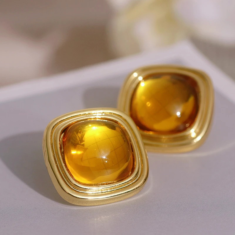 Vintage Gold Color Geometric Square Stud Earrings for Women Trendy Korean Retro Colorful Crystal Earrings Jewelry Accessories