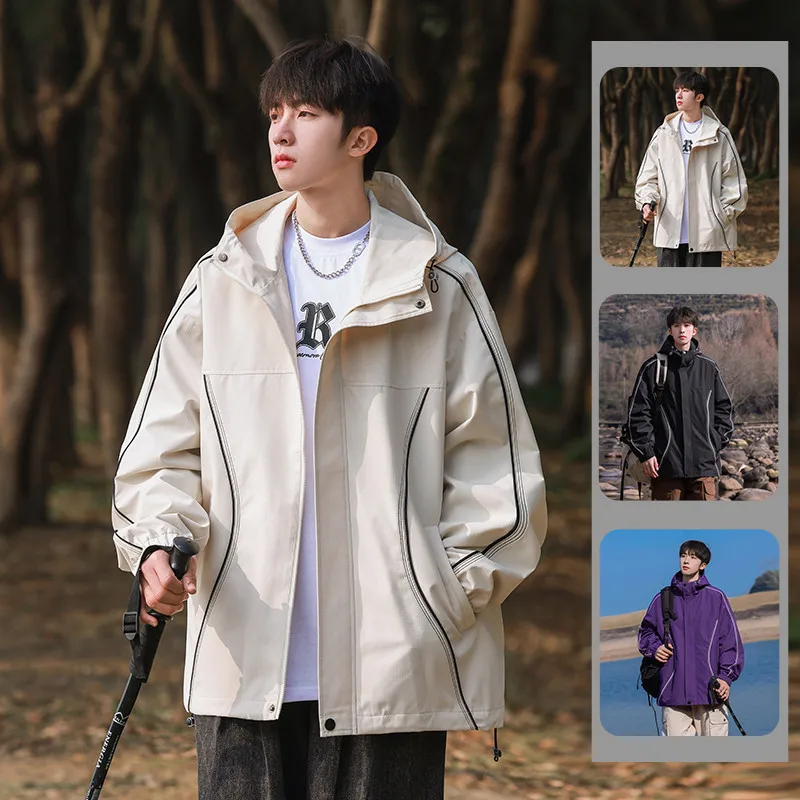 Double Hooded Jacket Coat High Street Standing Collar Waterproof Windproof Rushing Jacket Casual Jacket Men Solid Color Striped