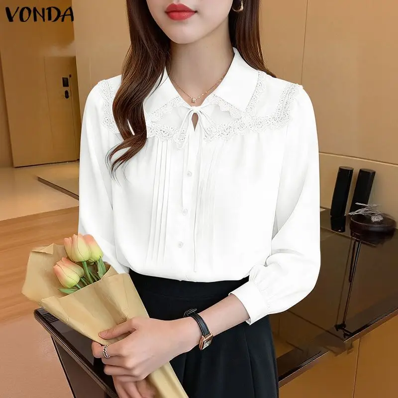 VONDA ファッション長袖シャツ女性レースパッチワーク包帯カジュアルブラウス春秋ラペルオフィスレディエレガントチュニックトップス