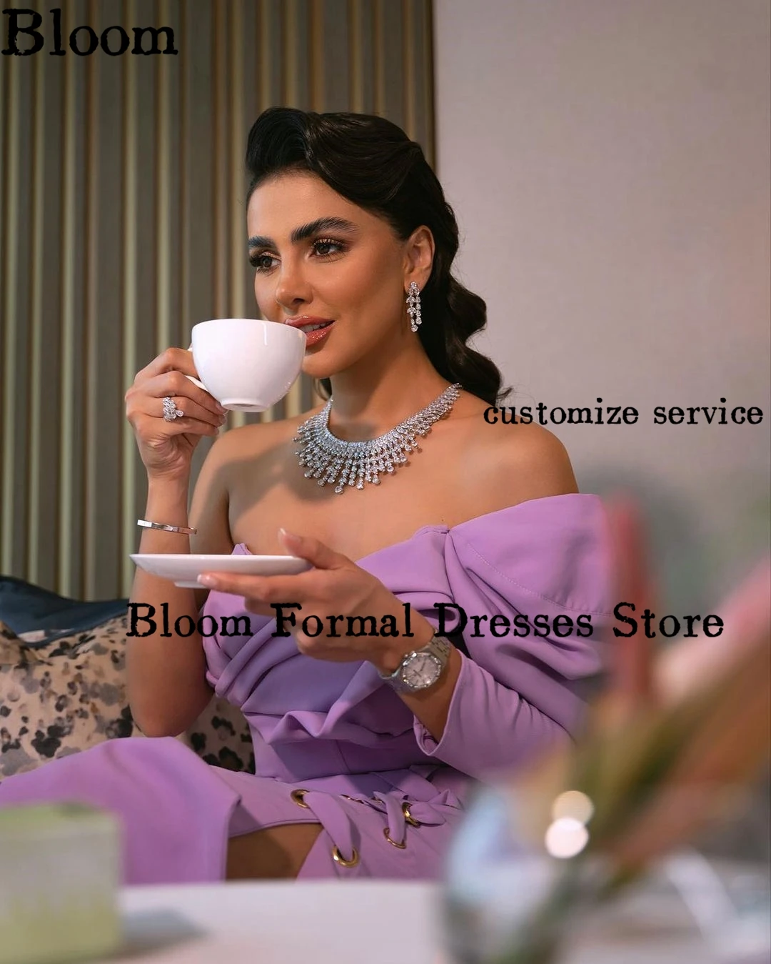 Bloom Lavender One-shoulder Evening Dresses Cross Straps Mermaid Long Sleeve New Design Arabia Prom Dresses Wedding Party Dress