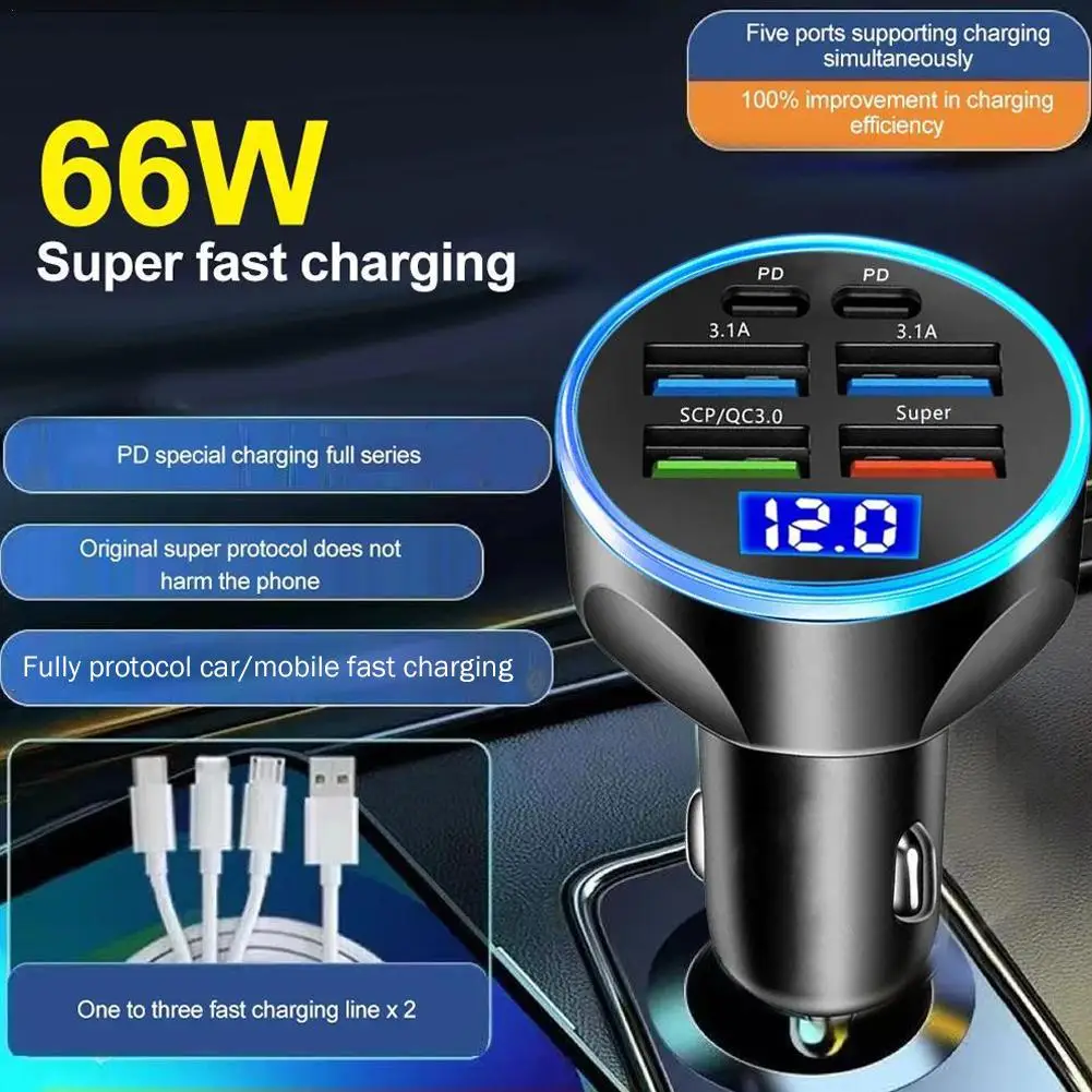 

6 Port USB Car Charger Type C PD 66W Fast Charging Adapter for huawei OPPO Oneplus IPhone 14 Pro Max 13 12 11 Mini XS