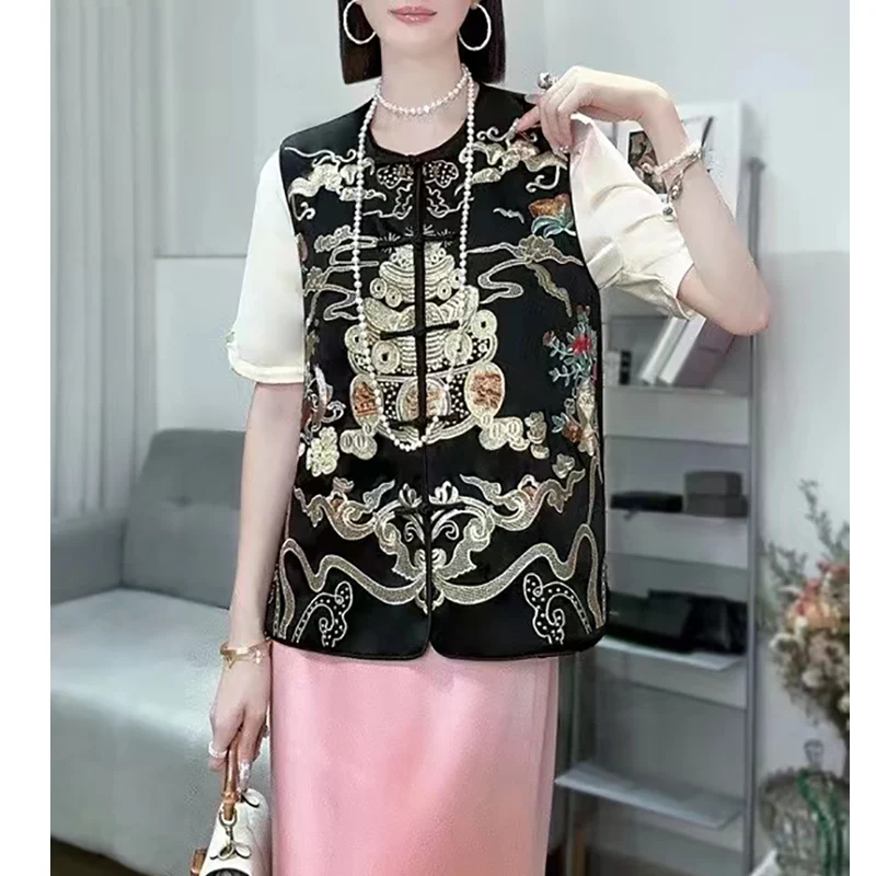 

Spring New Palace Embroidery Treasure Bowl Rich and Noble Acetate Embroidery Retro Single breasted Sleeveless Top S-XXL