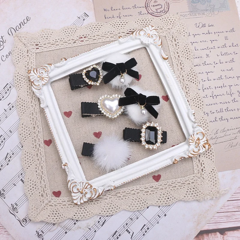 Lot de 4 pinces à cheveux Harajuku en fourrure, joli petit nœud, 4 pièces, strass, velours, mode Loria Lolita Y2K, pinces à cheveux pour filles