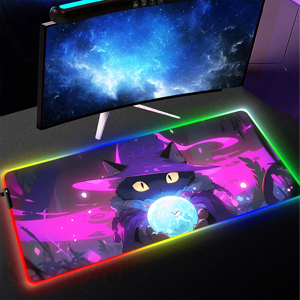 

RGB Anime Cat Mouse Pad Gamer LED Mousepad Locking Edge Mouse Mat Setup Gaming Accessories Keyboard Pads Kawaii Cute Deskmat