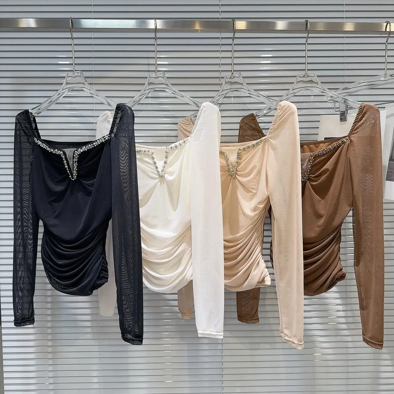 

French Sle Pearl Embellied Long Sve Me irt Ele Ladylike Bubble Sve Chiffon Top ort Length Square Ne