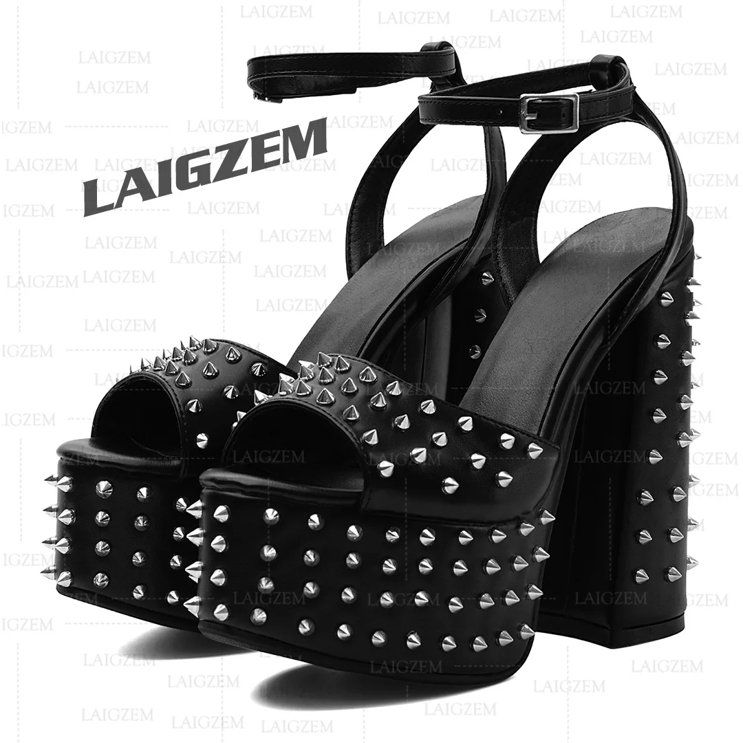 ZHIMA Women Platform Pumps Studded Peep Toe Buckle Straps Thick High Heels Sandals Punk Gothic Shoes Woman Large Size 39 41 52