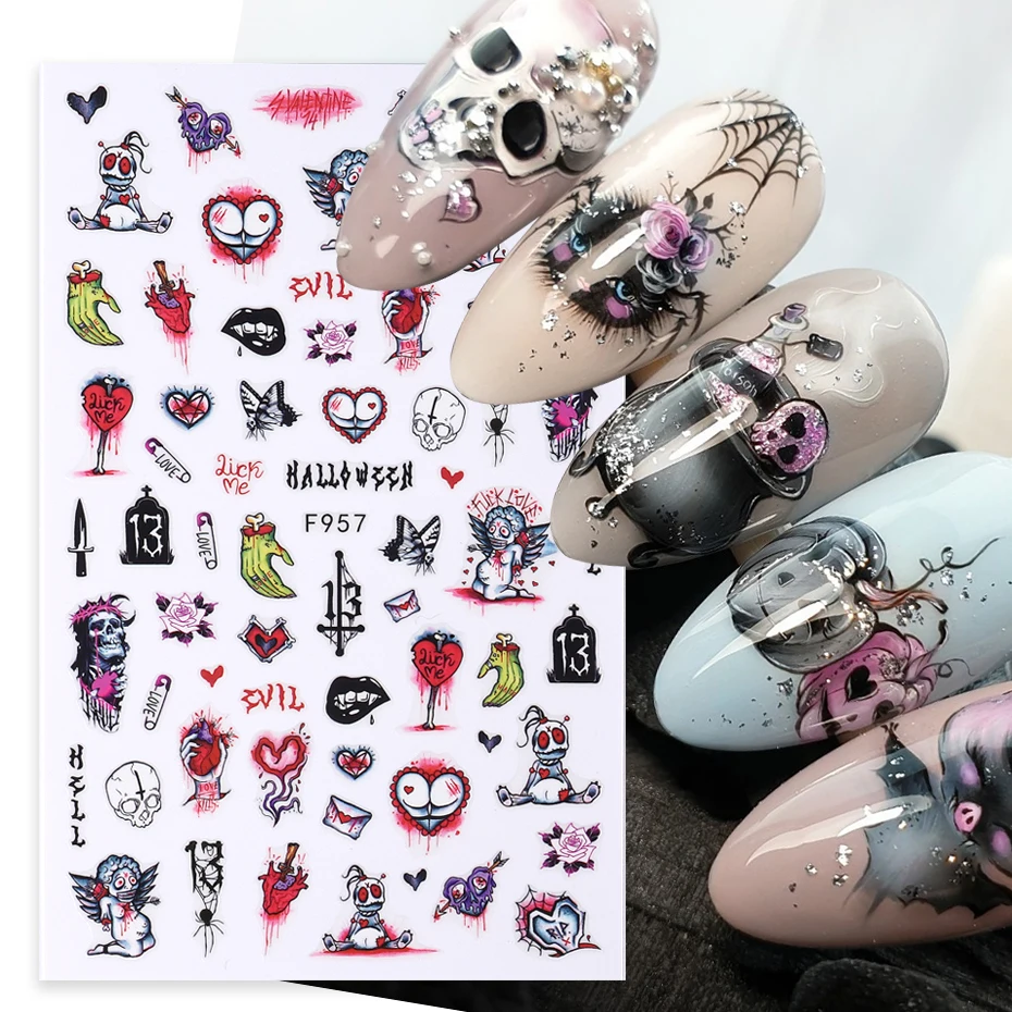 3D Black Skull Nail Art Sticker Blood Scratches Corpse Snake Design Adhesive Decal Halloween Ghost DIY Charm Decor Manicure Foil