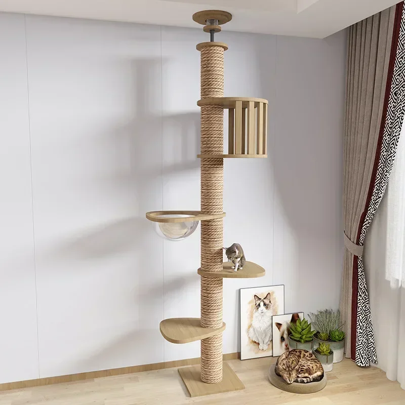 Multifunction Pet Furniture Wooden  Tree House Kitten Climbing Toy Scratching Posts  Tower Soft Flannel Hammock Bed