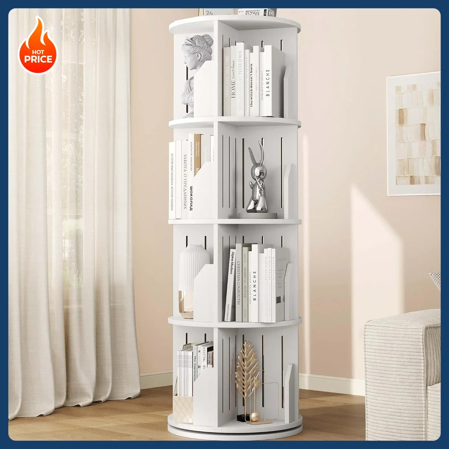 

[New Arrival!]Rotating Bookshelf Tower, 4 Tier Corner Narrow Spinning Bookcase, 360° Revolving Storage Round Book Shelf, Vertica