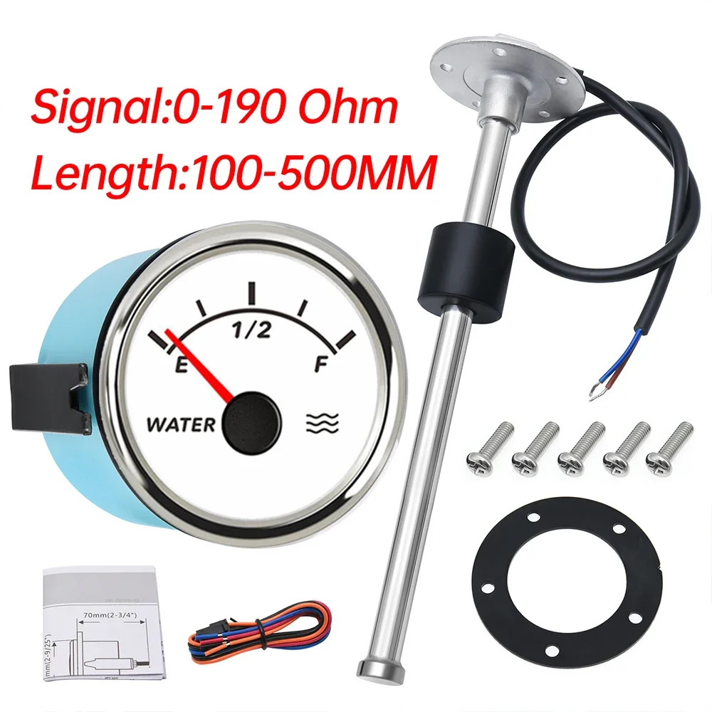 Wskaźnik poziomu wody 52 mm z czujnikiem poziomu wody 0-190 Ohm Wskaźnik poziomu 100-500 mm z czerwonym podświetleniem do łodzi i samochodów