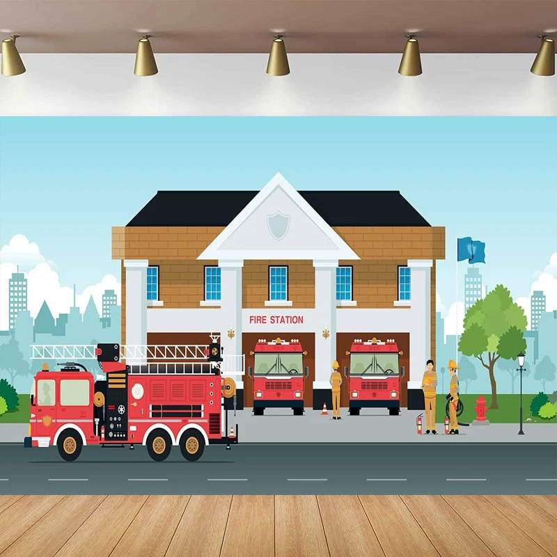 

Cartoon Fire Station Photography Backdrop For Rescue Fire Truck Background Fireman Firefighters Poster Fire Theme Party Decor