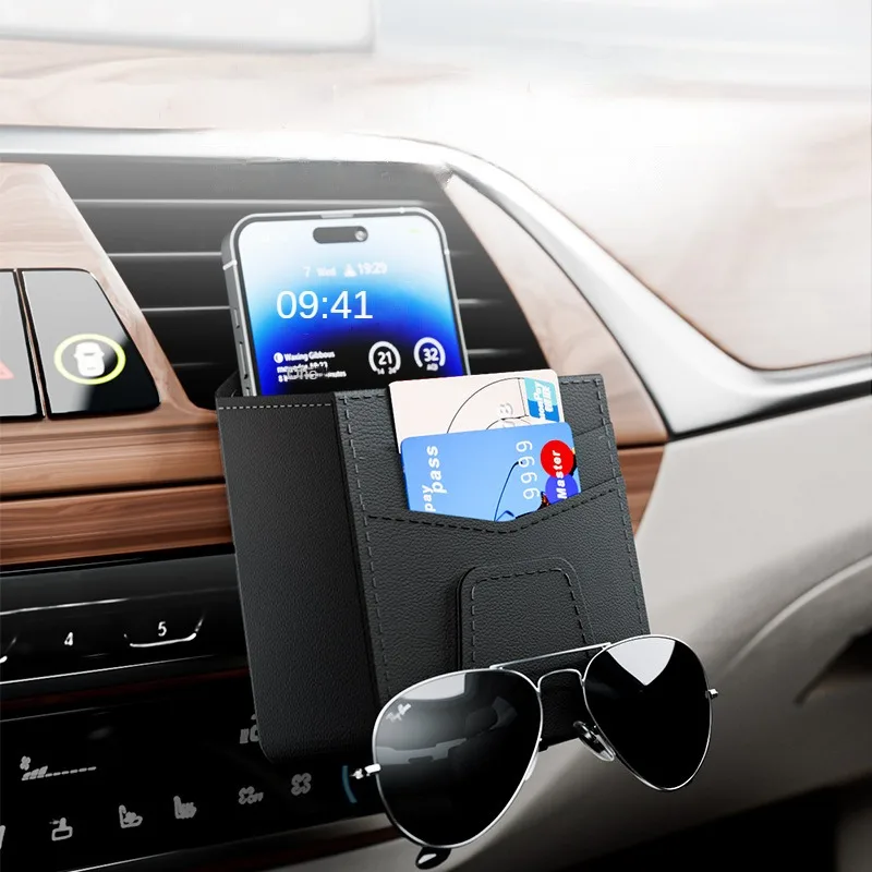

Car Air Outlet Storage Bag With Sunglass Holder Leather Auto Phone Card Key Pocket Organizer Eyeglass Clip Car Styling Interior
