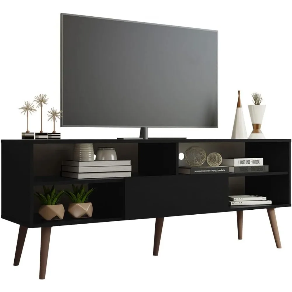 Modern TV Stand with 1 Door and 4 Shelves with Cable Management for 55, 65 Inch Media Storage Media Console Living Room a