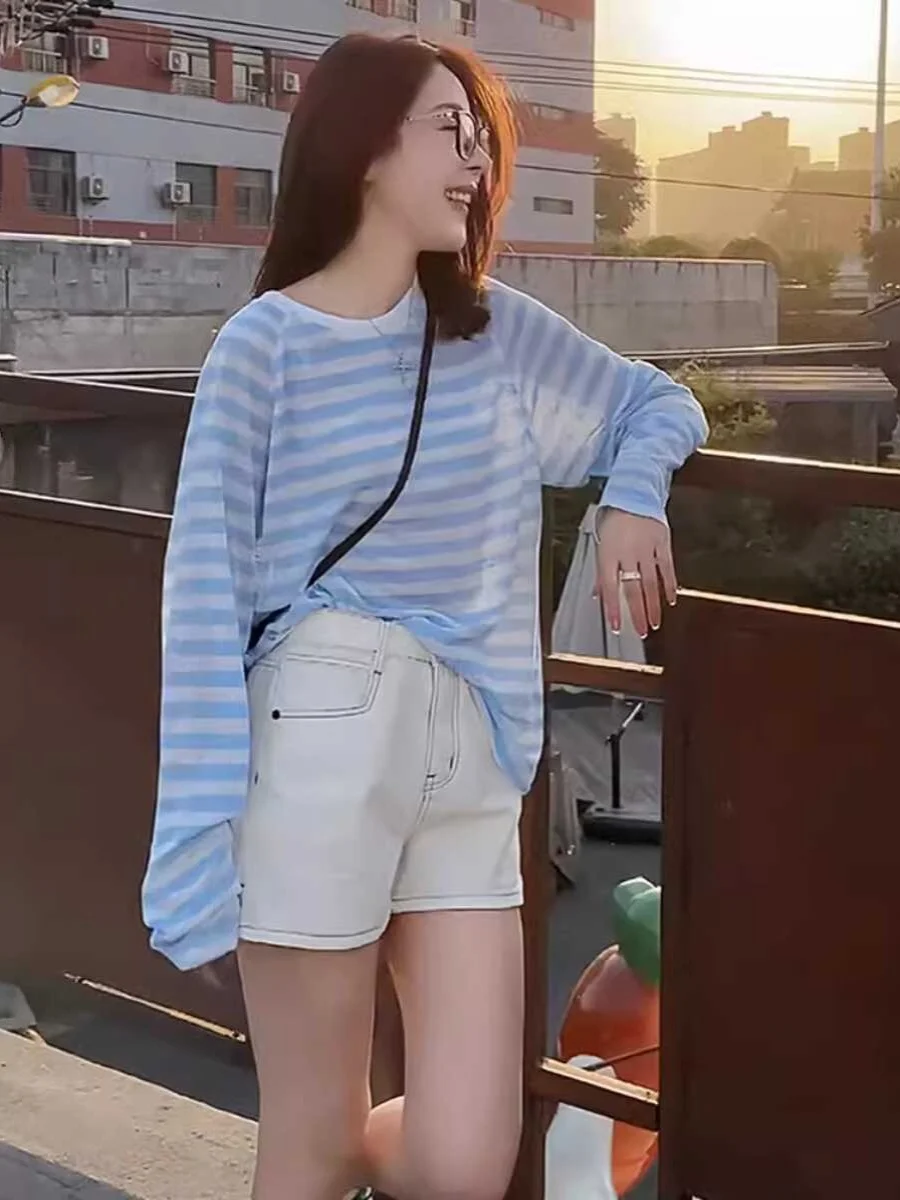 Ice Silk Summer New Arrival Women's Long Sve T-irt Thin Overhead Air Conditioned Sun Protection Cover up Korean Sle Lo...