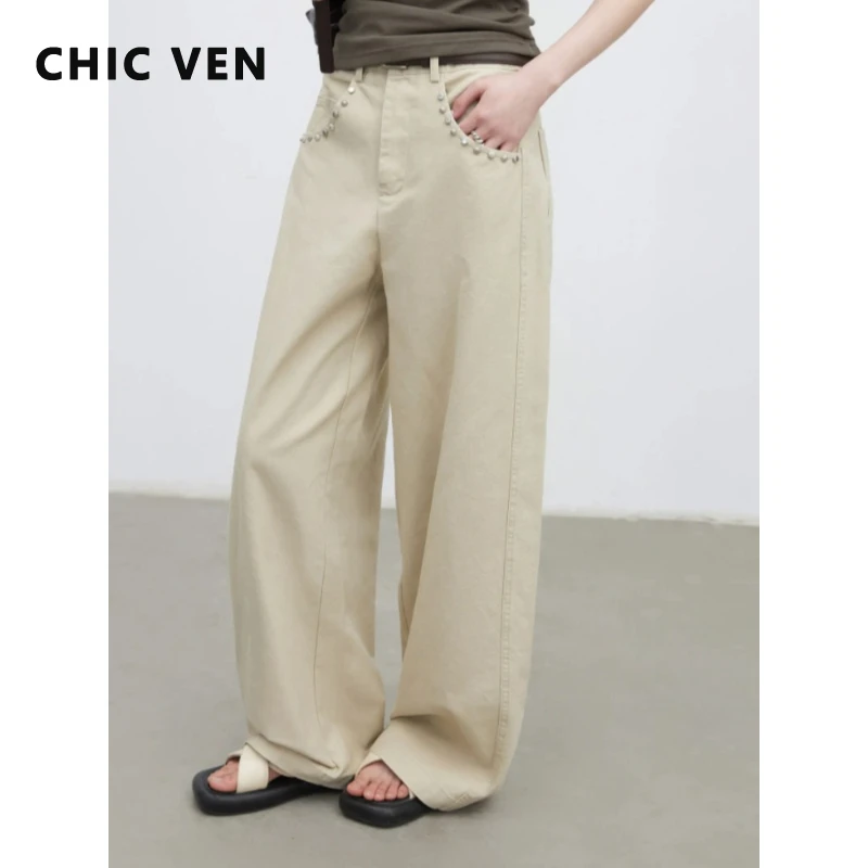 

CHIC VEN Korean New Women Pants Loose Casual Silver Studded High Waisted Straight Ladies Wide Leg Trousers Spring Summer 2026