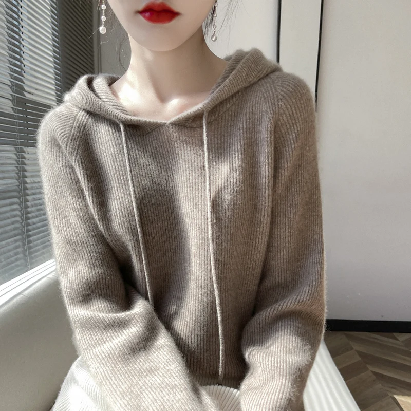 100%Pure Cashmere Sweater Ladies High-End Pullovers Knit Hoodie 2022 Spring New Hooded Collar Base Shirt Loose Top Women Jacket