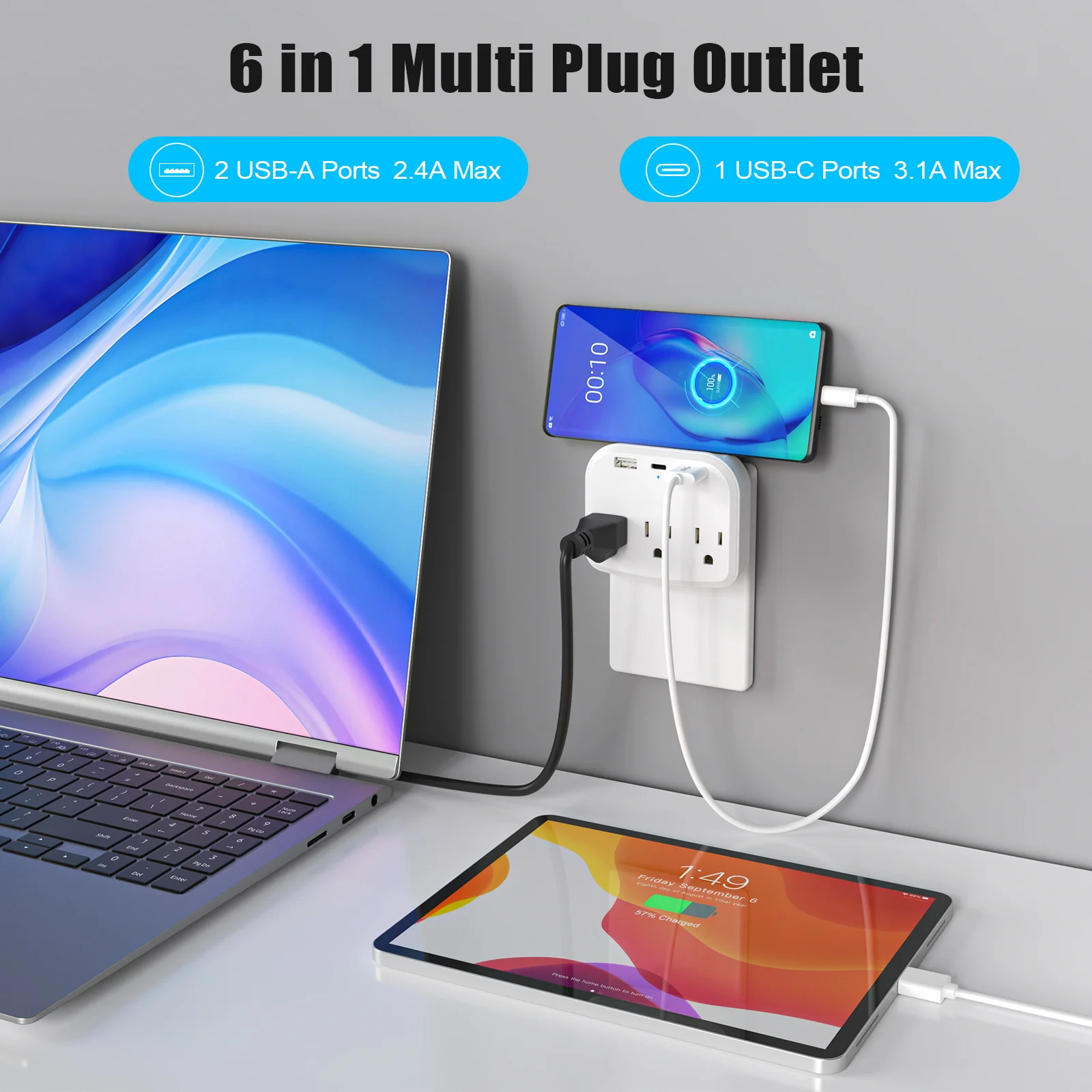 US Portable Power Socket Multiple Plug USB Socket Multifunctional Wall Outlet Extender with Type-C Fast Charging for Home