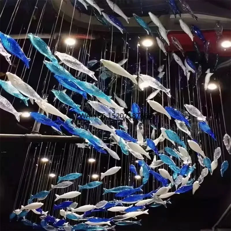 Custom Large Glass Flying Fish  for Hotel Mall Living Room-Artistic   for Bar Counter Decorative Lighting