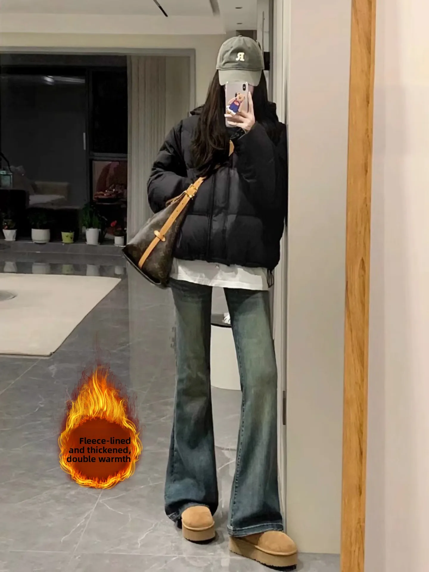 

Retro Blue Fleece Lined Thickened Straight Leg Denim Jeans Women's Autumn Winter plus Size High Waist Elastic Slimming ...