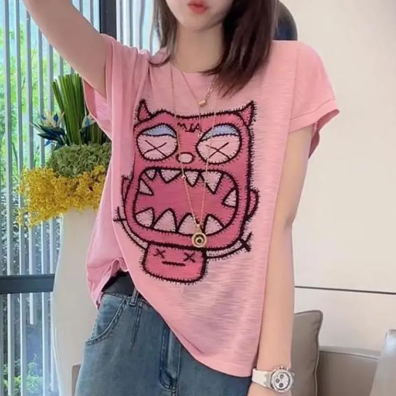 

Casual Goblin Cartoon Printed T-shirt Korean All-match Loose Spliced Women's Clothing Short Sleeve Summer Round Neck Pullovers