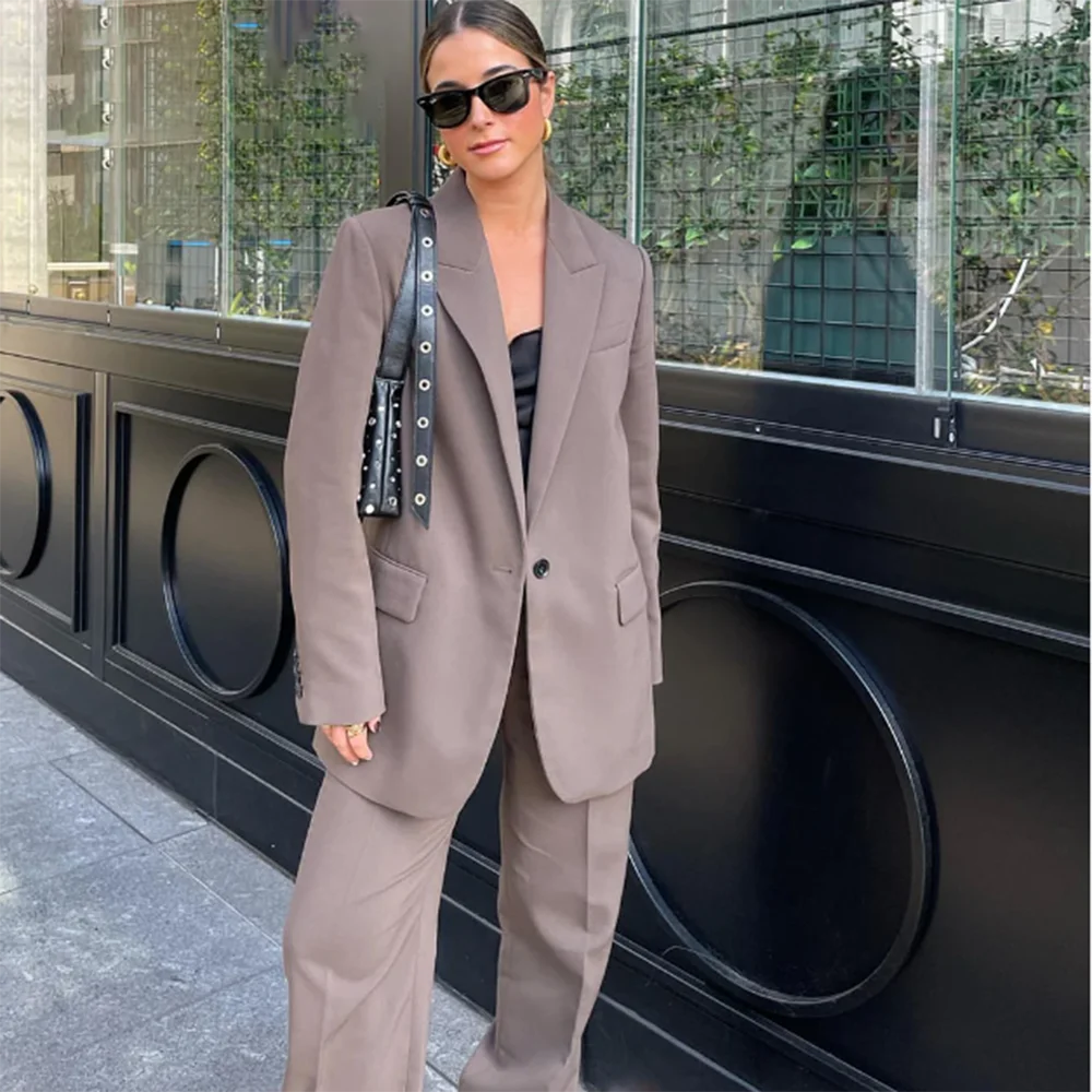 High Quality Gray Women Suit One Button 2 Piece Jacket Pants Female Clothing Smart Causal Loose Luxury Office Lady Blazer Set