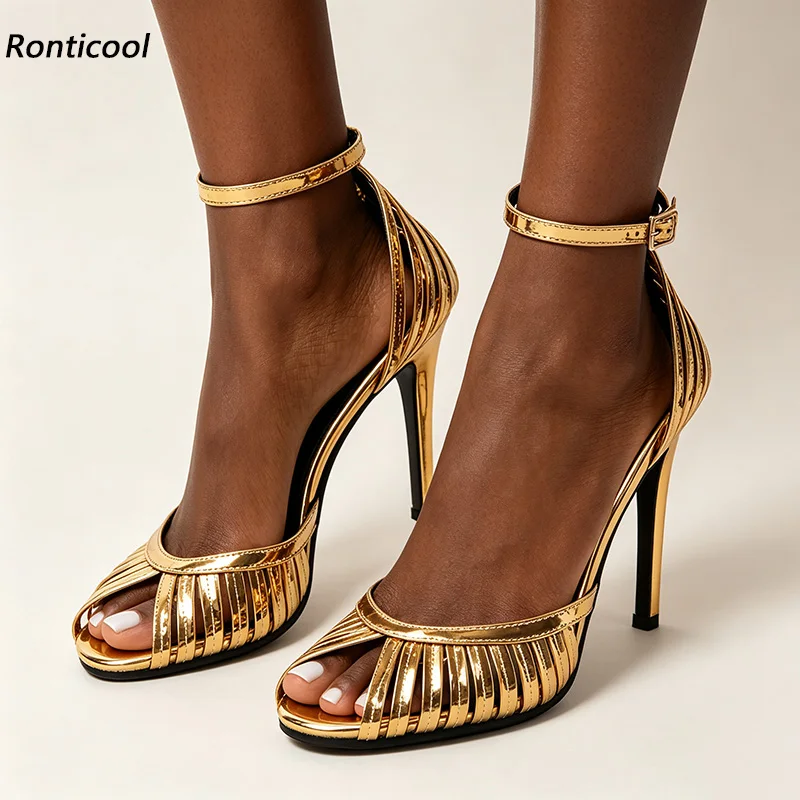 Ronticool New Women Summer Sandals Patent Leather Stiletto Heel Peep Toe Pretty Gold Silver Party Shoes Ladies US Size 5-20