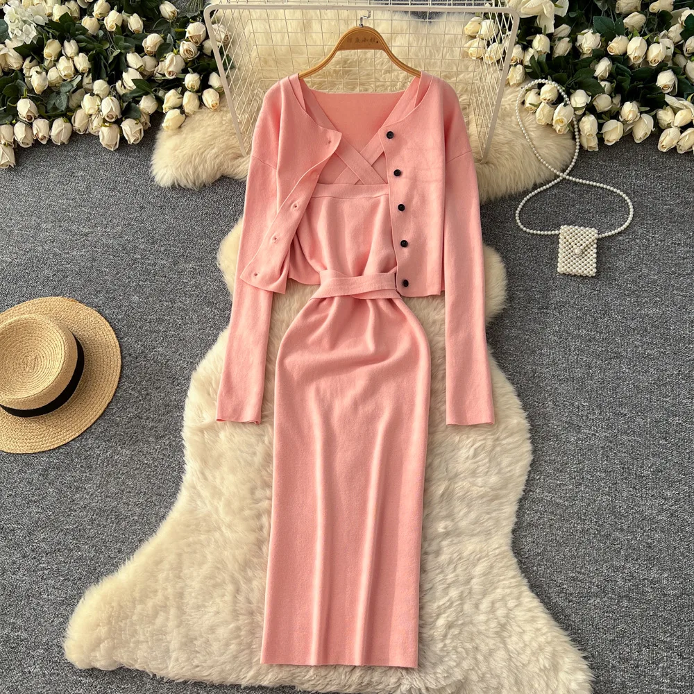 

2026 Women Two Piece Sets Dress Set Full Sleeve Coats Long Dresses Knit High Waist Y2k Streetwear Elegant Work Autumn Winter