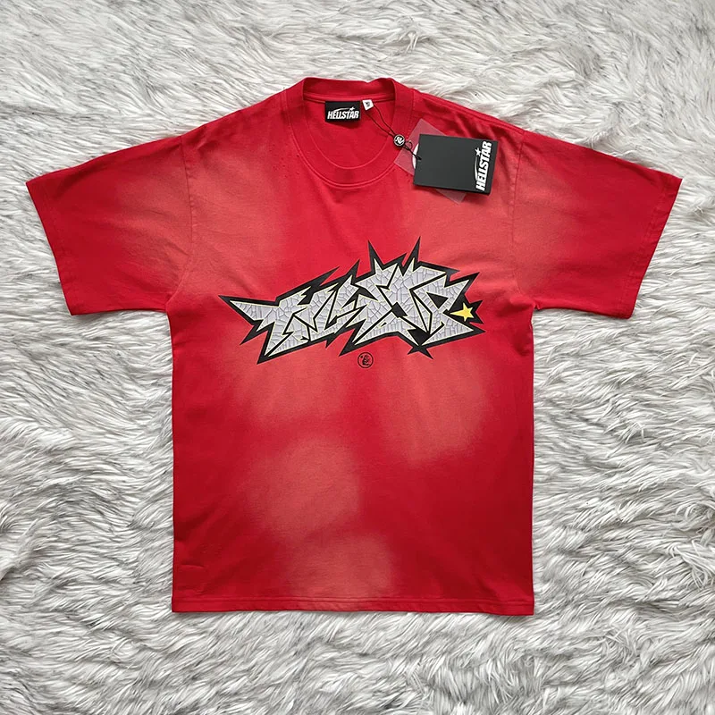 Crack Print Short Sleeve T-Shirt Washed Worn Hellstar Studios Standard Fit round Neck Youthful Trend Summer Collection