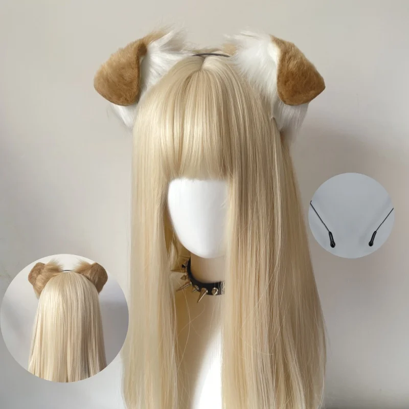 Diadema con orejas peludas de perro Kawaii hecha a mano de felpa de Anime, diadema con orejas de perro de lobo bonito de Lolita KC, accesorios para el cabello para fiesta de Navidad para mujer