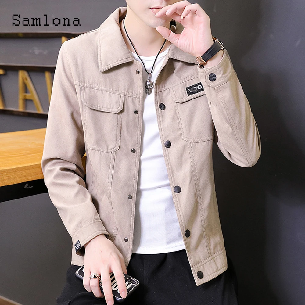 

Samlona 2022 Single Breasted Jackets Outdoor Casual Fashion Slim Fits Pocket Design Jacket Men's Lepal Collar Tops Outerwear