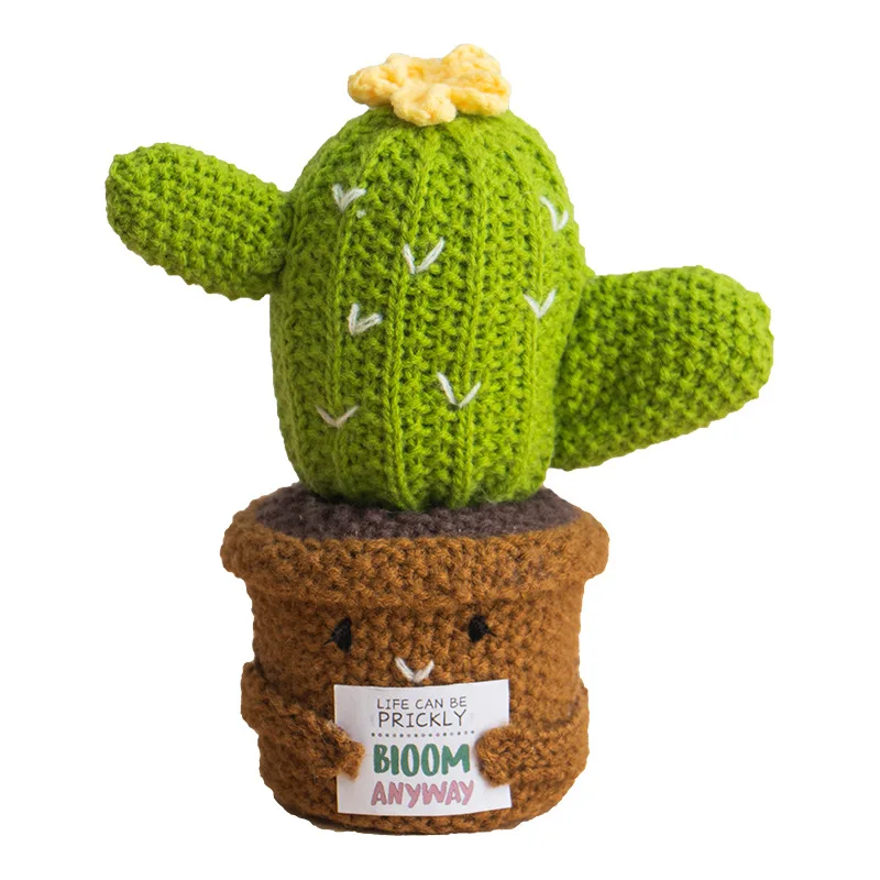 Hand-woven Knitting Wool Plant Figurines Bulbous Cactus Positive Energy Card Doll Simulation Potted Home Desktop Decoration Gift