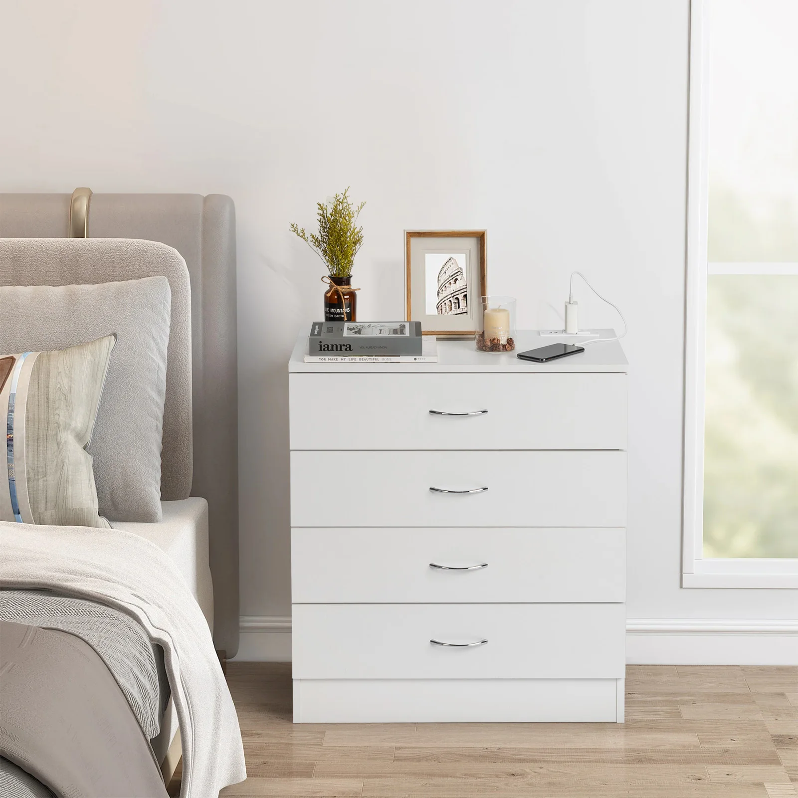 

[FCH] PB Wood Simple 4-Drawer Nightstand Dresser with USB Ports & Outlet, White