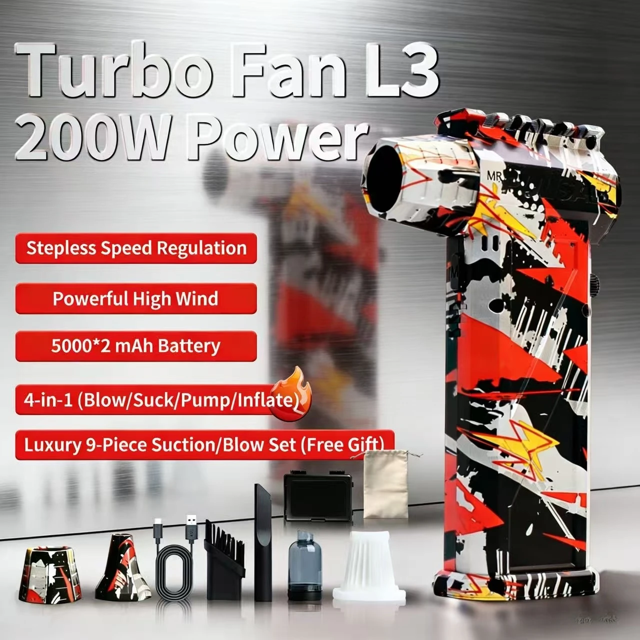 

Мощный турбовентилятор L3, высокая скорость 250000 об/мин, поток воздуха 53 м/с, зарядка типа C