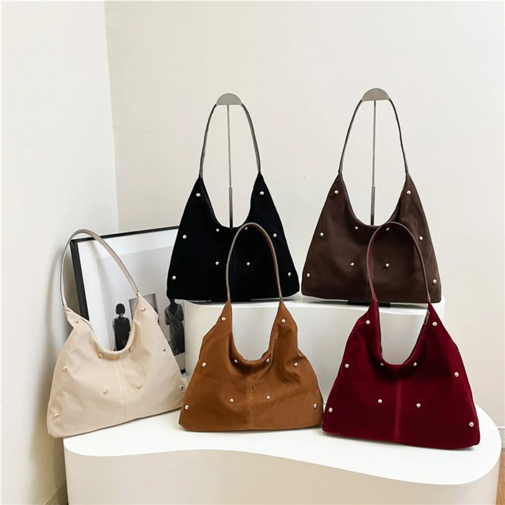 

Fashion Simple Rivet Handbag Large Capacity Velvet Tote Bag With Leather Handle Autumn Winter Women Shoulder Bag Shopping Bag