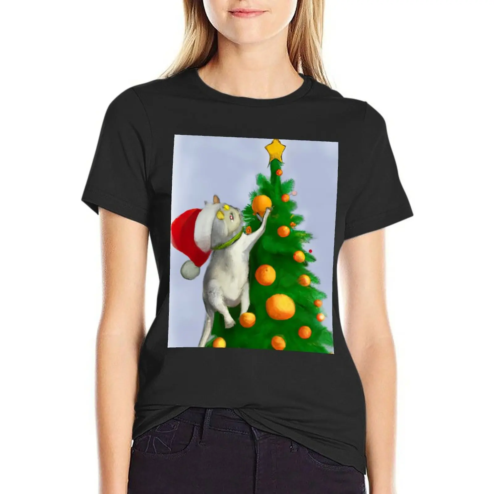 

Cat Climbing the Christmas Tree T-Shirt Female clothing funny customizeds woman t shirt