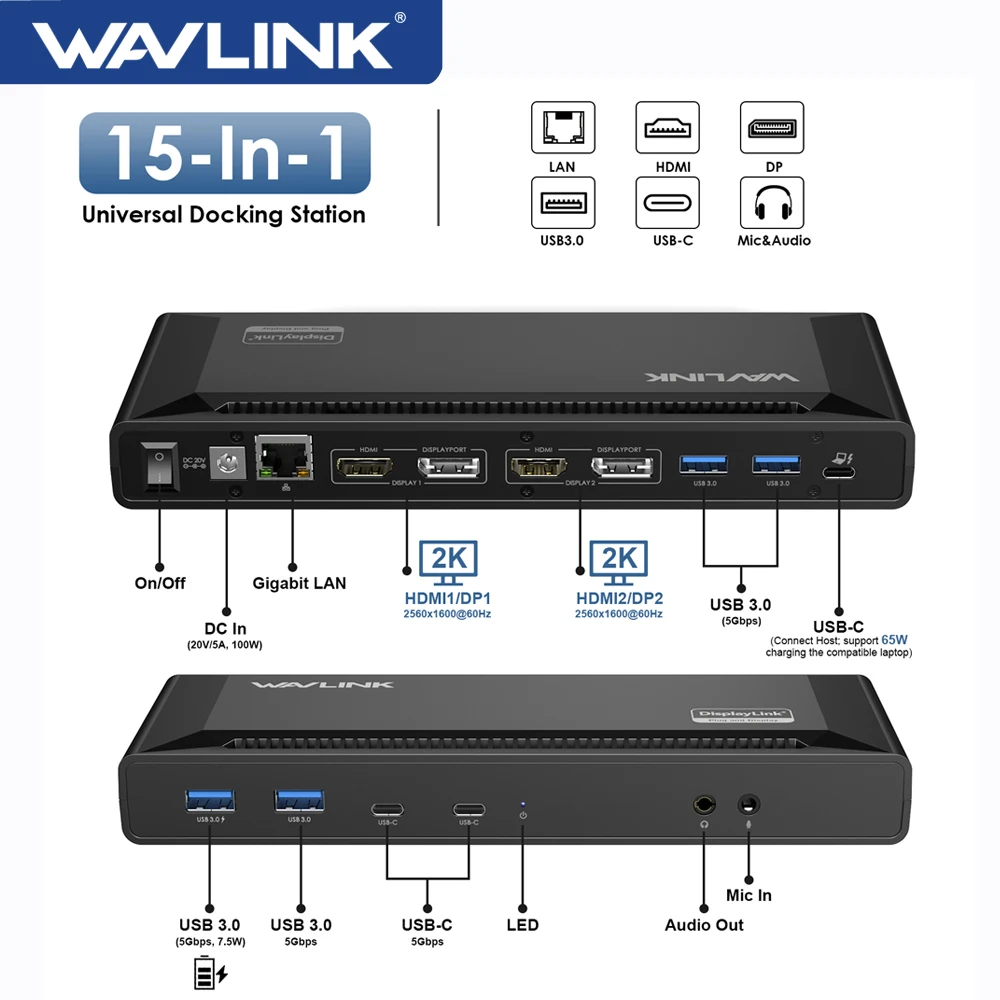 WAVLINK USB C Dual 2K Docking Station Universal Laptop Dock Dual Monitors PD65W/100W Charging For Mac(Intel/M1/M2) Dell/HP/Asus