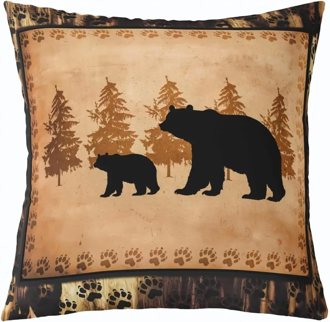 4Pcs Forest Wildlife Throw Pillow Covers Moose Deer Bear Wolf Silhouette Cushion Cases with Paw Print Border for Living Room