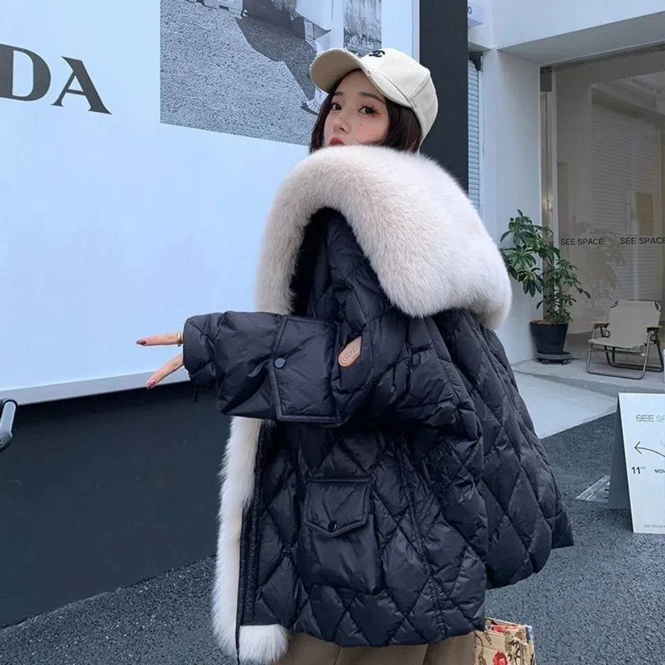 2022 Winter Duck Down Jacket Bat Sleeve Women Oversized Coat Fluffy Faux Fur Warm Parkas Big Fur Women Waterproof Outerwear