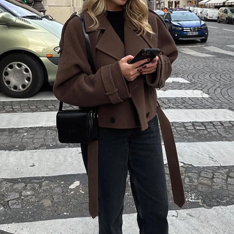 

New Fashion Autumn/Winter Casual Long Sleeve Turn-down Collar Double Breasted Solid Color Slim Fit Lace-up Jacket For Women