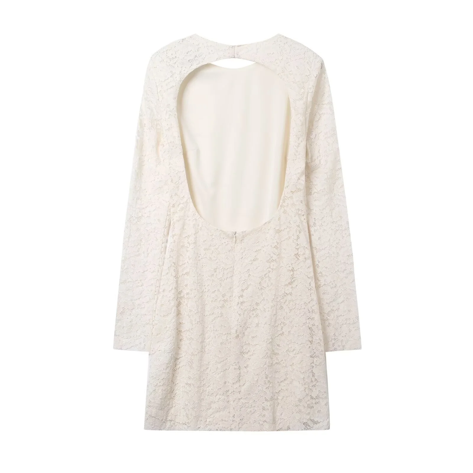 2025 가을 신상품 여성 캐주얼 패션 슬림핏 긴팔 섹시한 백리스 레이스 미니 드레스